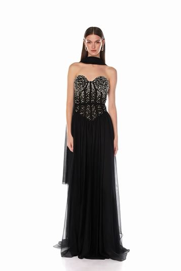 Robe de soirée noire bustier à jupe fluide